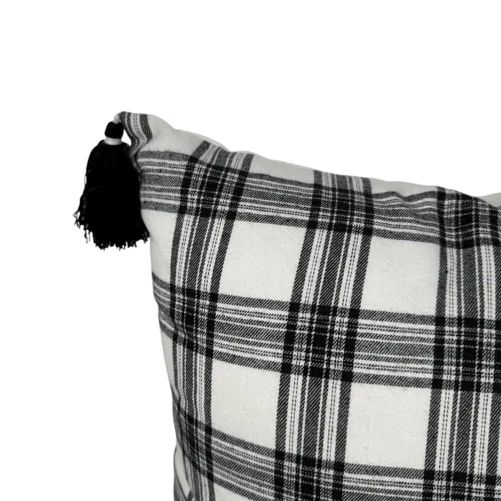 Rae Dunn BLESSED Throw Pillow Black White Plaid Tassel Farmhouse Accent Cushion
